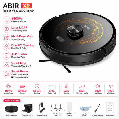 ABIR X9 Robot Vacuum, 6500Pa LiDAR, Smart Mop